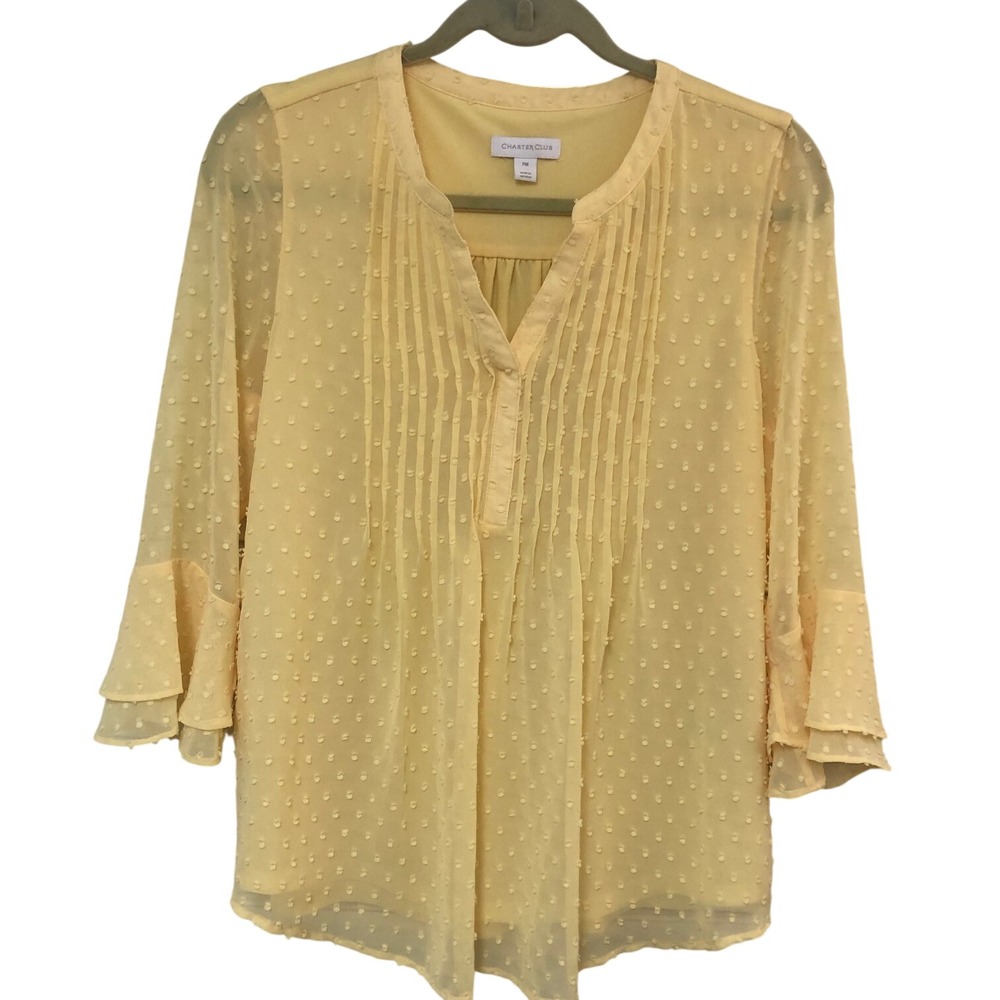 Charter Club Womens Swiss Dot Pintuck‎ Blouse Fairy Dainty Cottage Bell Slv PM